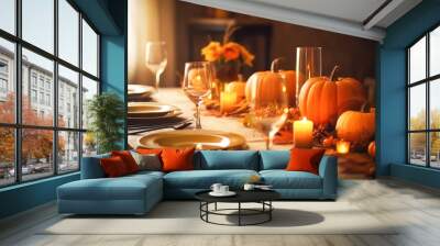 Thanksgiving dinner table setting with autumnal decorations, pumpkins, glasses and plates. Generative AI. Wall mural