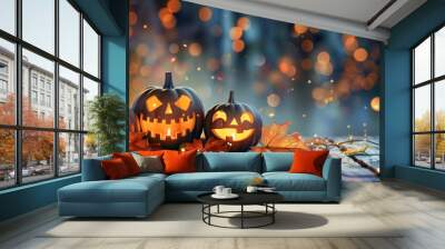 Three glowing jack-o'-lantern pumpkins with spooky faces on a wooden surface, surrounded by autumn leaves and lights, with a foggy, festive background, perfect for Halloween-themed designs. Wall mural