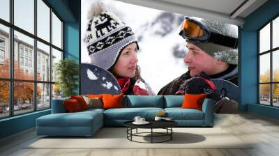 A lifestyle image of two young adult  snowboarders (series Sport Wall mural