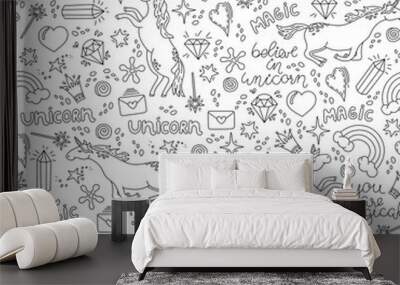 Black and white hand-drawn seamless pattern with unicorns. Vector illustration. Wall mural