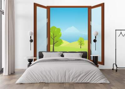 Open window on white background. Open window overlooking the beautiful spring landscape: meadows, mountains, trees. On the windowsill is worth mug. Flat style vector illustration. Wall mural