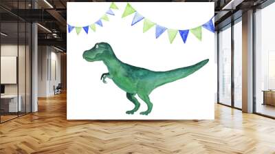 Watercolor illustration with Tirex dinosaur and holiday flags isolated on white background. Wall mural