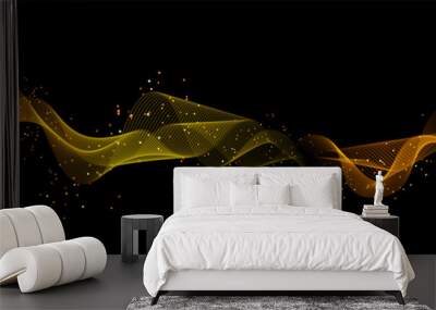 Abstract dark background with fire or gold curves. Light line gold swirl effect. Vector glitter light fire flare with sparkling particles on black background. Magic sparkle swirl magic effect. Wall mural