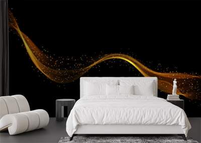 Abstract dark background with fire or gold curves. Light line gold swirl effect. Vector glitter light fire flare with sparkling particles on black background. Magic sparkle swirl magic effect. Wall mural