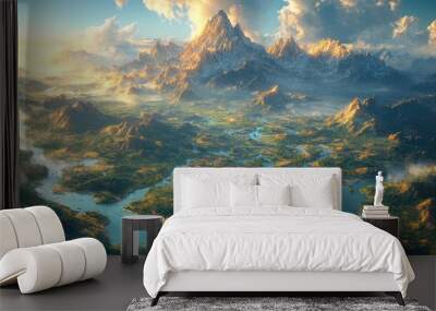 A breathtaking landscape featuring mountains, rivers, and valleys. Wall mural