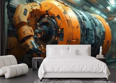 A futuristic industrial machine with an orange and metallic design. Wall mural