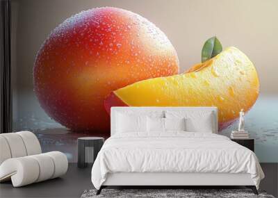 A juicy peach with a slice and droplets of water, showcasing freshness. Wall mural