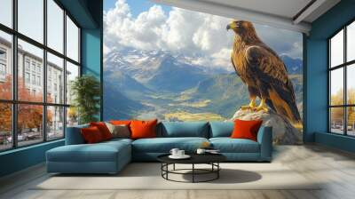 A majestic eagle perched on a rock overlooking a scenic landscape. Wall mural