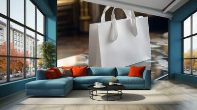 A plain white shopping bag on a marble surface in a stylish setting. Wall mural