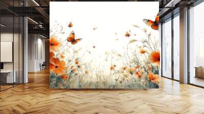 A serene landscape of orange flowers and butterflies in a soft setting. Wall mural