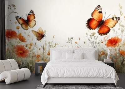 A serene scene of butterflies among vibrant flowers in nature. Wall mural