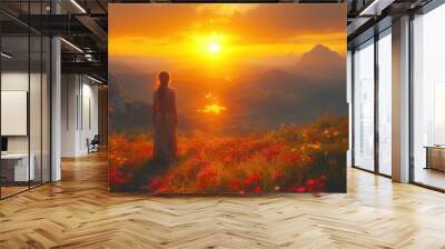 A serene sunset view with a figure amidst vibrant flowers. Wall mural