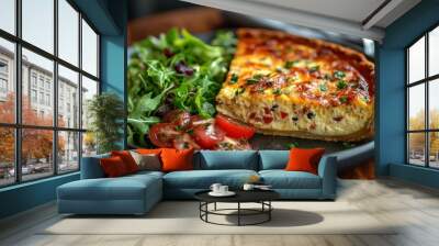 A slice of quiche served with a fresh salad and wine. Wall mural