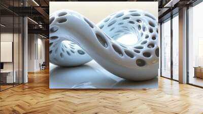 A smooth, white sculpture resembling an infinity loop with holes. Wall mural