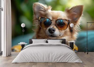 A stylish dog wearing sunglasses and a colorful shirt. Wall mural