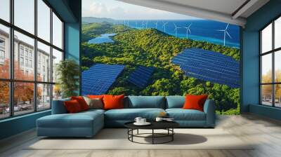 Aerial view of solar panels and wind turbines in a lush landscape. Wall mural