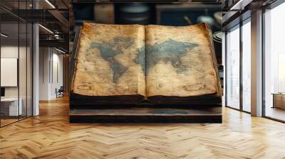 An antique world map opened on a wooden table, showcasing geography. Wall mural