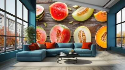 Assortment of Watermelons and Melons on Rustic Wooden Surface Wall mural