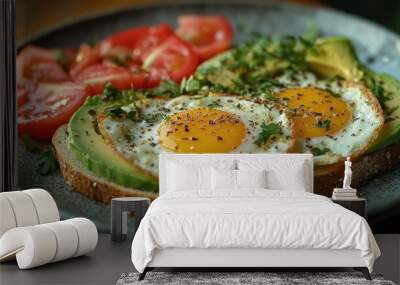 Breakfast plate featuring eggs, avocado, and tomatoes. Wall mural