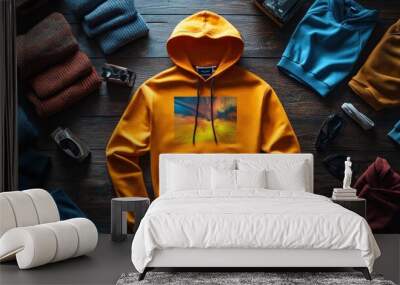 Bright orange hoodie featuring a sunset graphic, surrounded by clothing. Wall mural