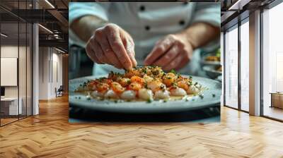 Chef garnishing a gourmet seafood dish in a professional kitchen. Wall mural