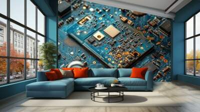 Close-up of a circuit board with electronic components and a magnifier. Wall mural