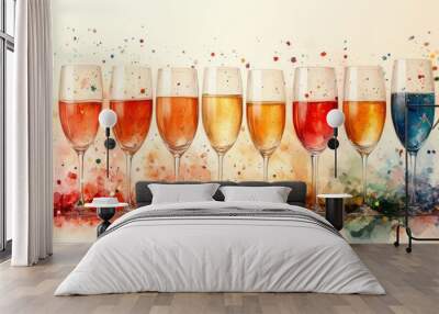 Colorful glasses of drinks with splashes, celebrating joy and festivity. Wall mural