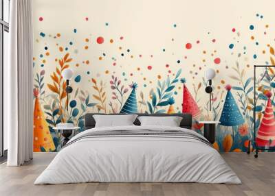 Colorful party hats among vibrant flowers and confetti. Wall mural