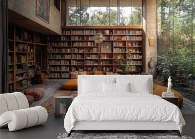 Cozy reading nook with bookshelves and vibrant decor. Wall mural