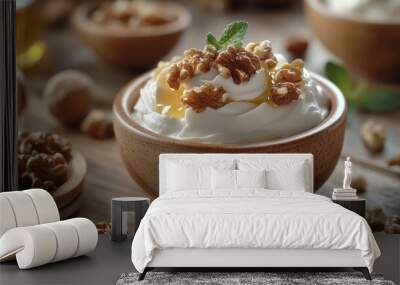 Creamy yogurt topped with walnuts and honey in a wooden bowl. Wall mural