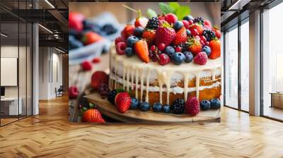 Delicious White Cake Topped with Fresh Berries Wall mural