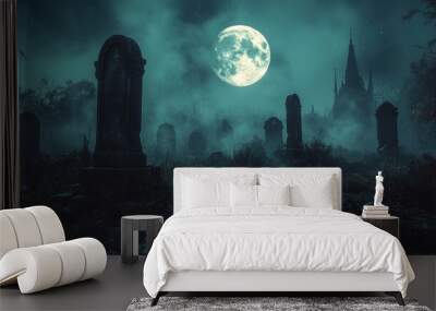 Eerie graveyard scene under a full moon with mist and tombstones. Wall mural