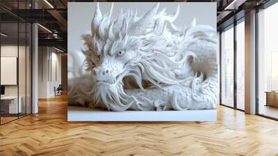 Elegant white dragon sculpture with intricate details and textures. Wall mural