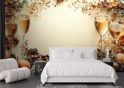 Festive arrangement with glasses, fruits, and decorative elements. Wall mural