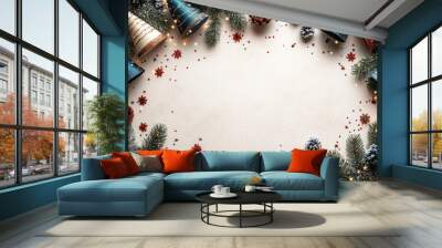 Festive border with party hats, ornaments, and pine decorations. Wall mural