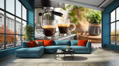 freshly brewed coffee is poured from the coffee machine into glass cups AI generated Wall mural