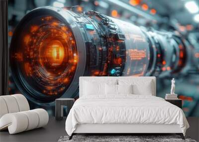 Futuristic technology component with glowing orange elements. Wall mural