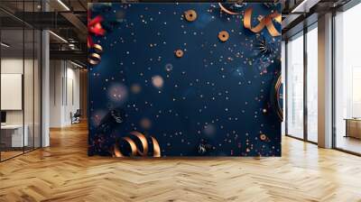 Golden Alarm Clock and Confetti on Blue Background Wall mural