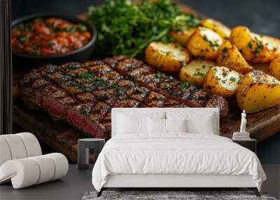 Grilled steak with potatoes and salsa on a wooden platter. Wall mural