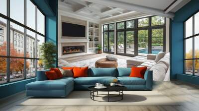 Modern living room with large windows and a cozy fireplace. Wall mural