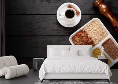 Brown rice with shredded beef and corn stew. Brazilian lunch box. top view Wall mural