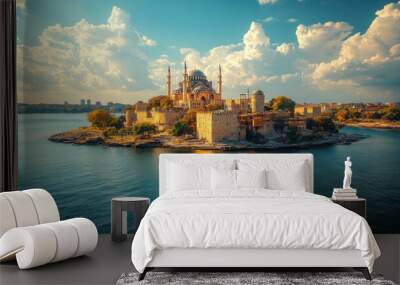 Scenic view of a historic mosque on an island surrounded by water. Wall mural