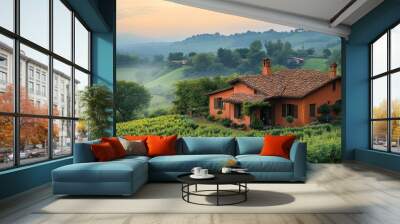 Scenic view of a rustic house amidst lush green vineyards. Wall mural