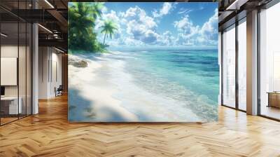 Serene beach scene with clear water and lush palm trees. Wall mural