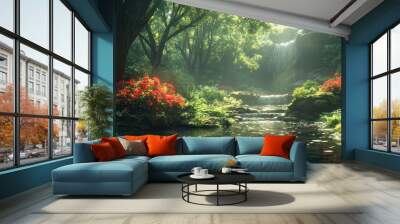 Serene forest scene with a waterfall and vibrant flowers. Wall mural