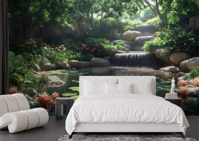 Serene garden with a tranquil pond and cascading waterfalls. Wall mural