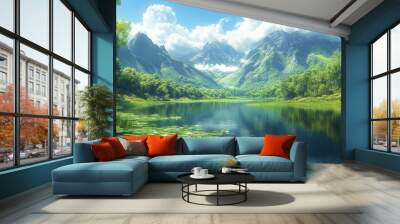 Serene landscape with mountains, lake, and lush greenery. Wall mural