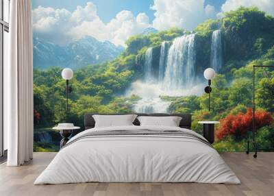 Serene landscape with waterfalls and lush greenery under a blue sky. Wall mural