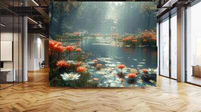 Serene pond with vibrant water lilies and dappled sunlight. Wall mural