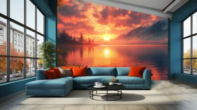 Serene sunset over a tranquil lake with mountains in the background. Wall mural